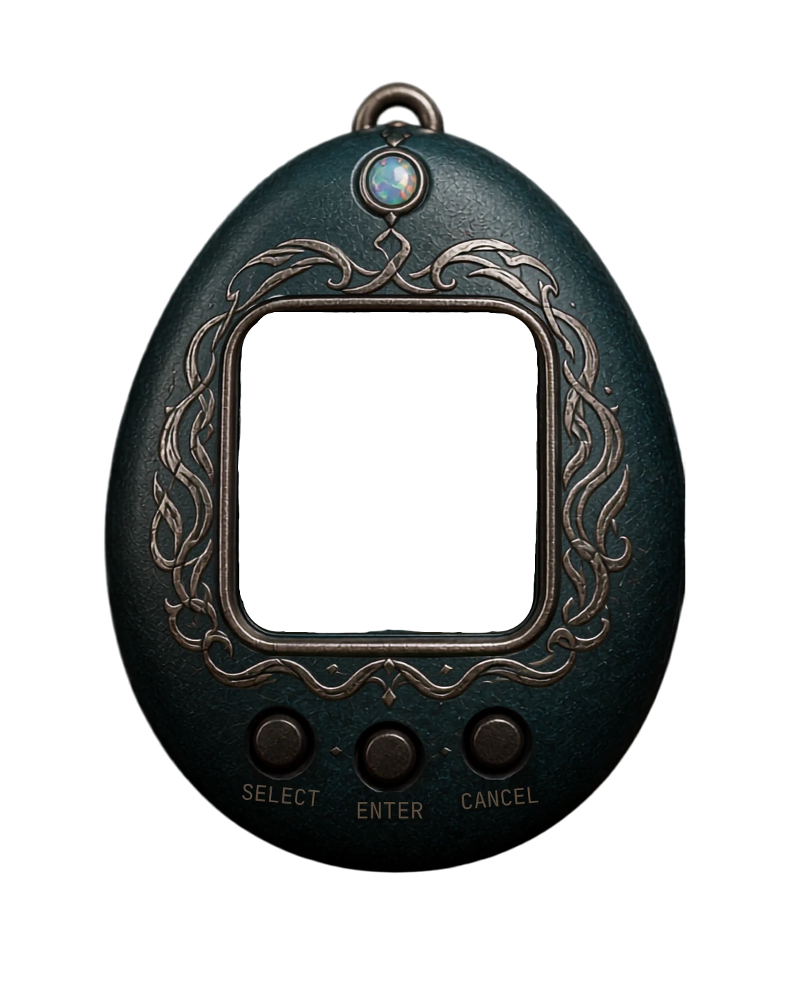 An ornate dark egg-shaped virtual-pet shell