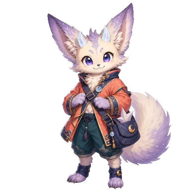 Aster, a lunar fox-dragon courier, waving from inside the Nest